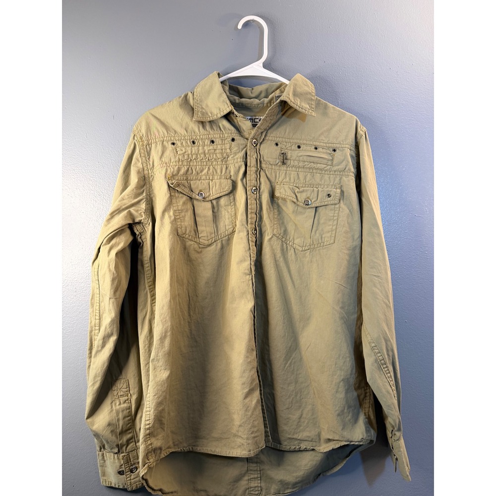Emcee Mens Tan Khaki Cotton Button Down Shirt Grommet Detail Embroidered Back M